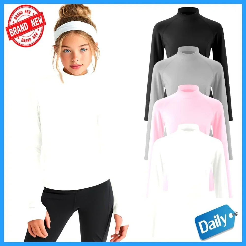 Girls Long Sleeve Mock Neck Athletic Shirts 4-Pack Thumbhole Activewear